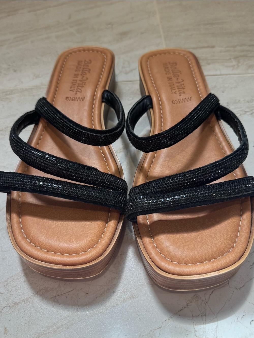 Bella Vita Black Triple-Strap Slide Sandals